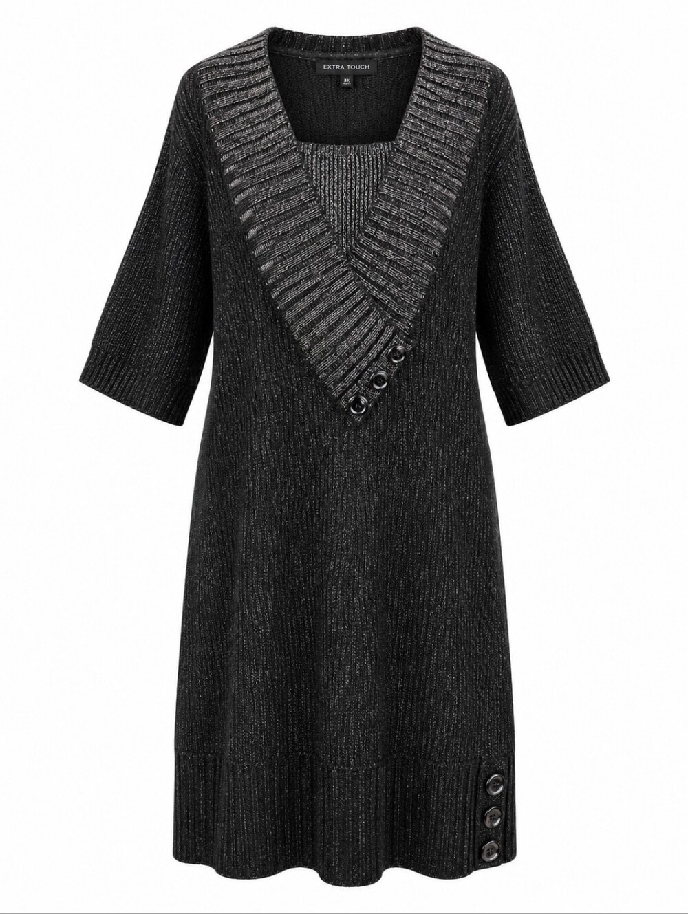 EXTRA TOUCH | Black Knit Sweater Tunic Dress Silver Sparkles Button Accent | 3X